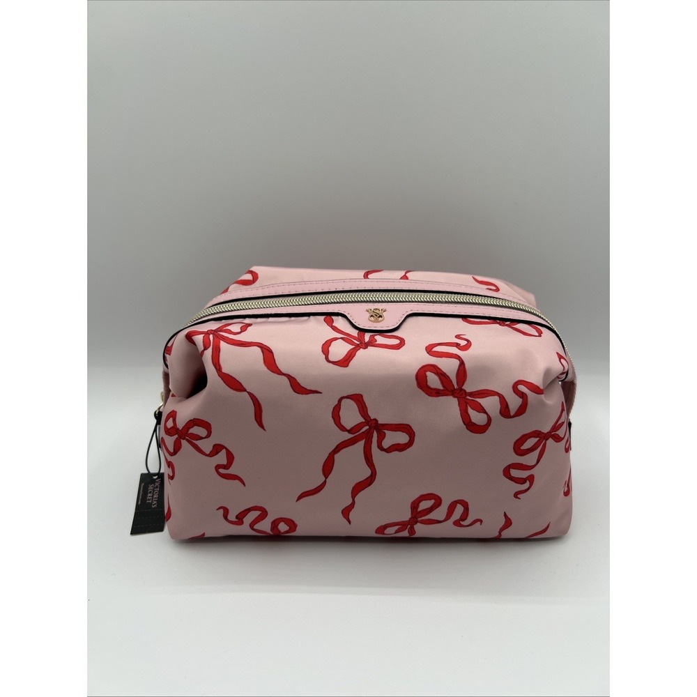 Victoria's Secret Travel Cosmetic Bag Pink And Red Bows VS Golden Logo NWT